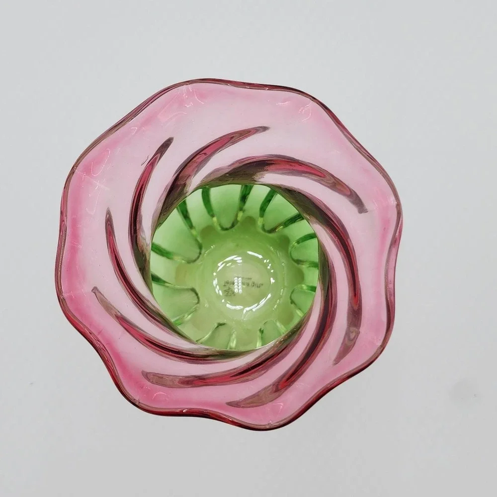 Vintage Teleflora Vase Hand Blown Glass Pink to Green Swirl & Ruffled Rim 7.5